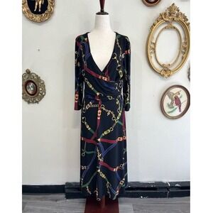 Lauren Ralph Lauren Equestrian Belting Wrap Jersey Midi Dress Black Size 8